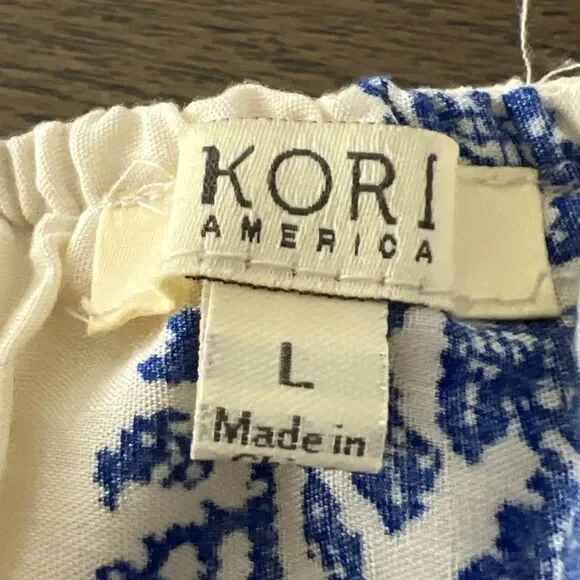 Kori America Blue & Ivory Feather Boho Ruffly Off Shoulder Romper Size Large - Picture 9 of 9